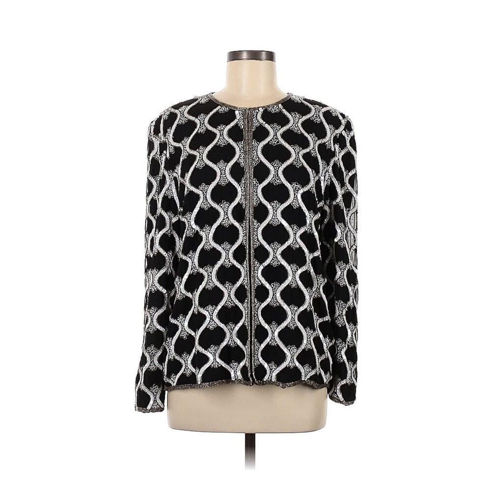 Papell Boutique Evening Silk Sequin Beaded Black White Jacket Medium